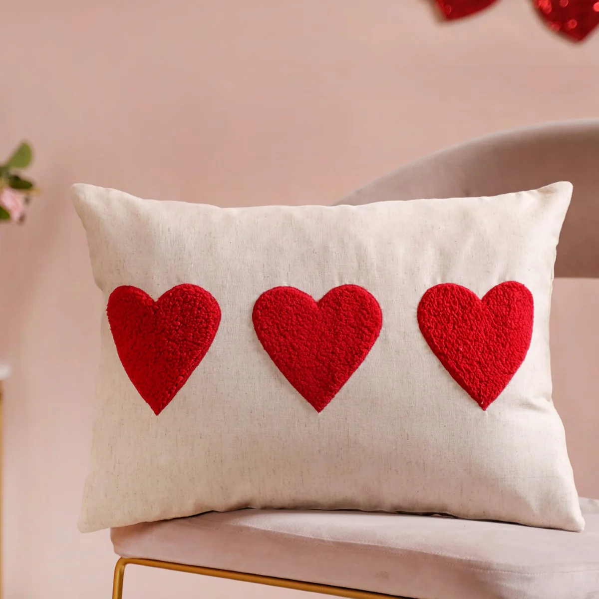 Heart Trio Fluffy Applique Cotton Cushion Cover 20x14 Inch - Image 8