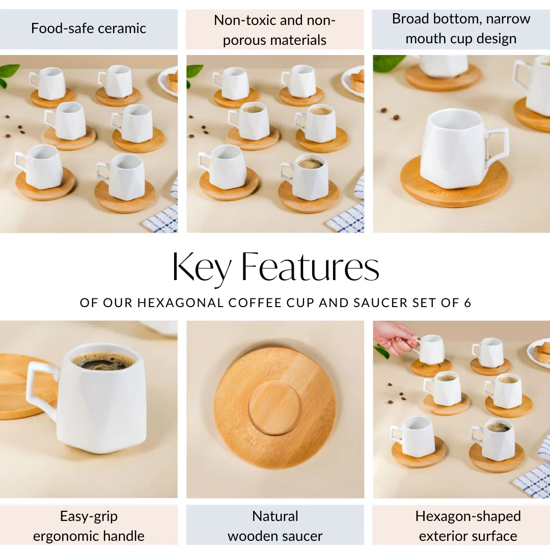 Hexagon Small Ceramic Cup And Saucer Set Of 6 100ml - Image 5
