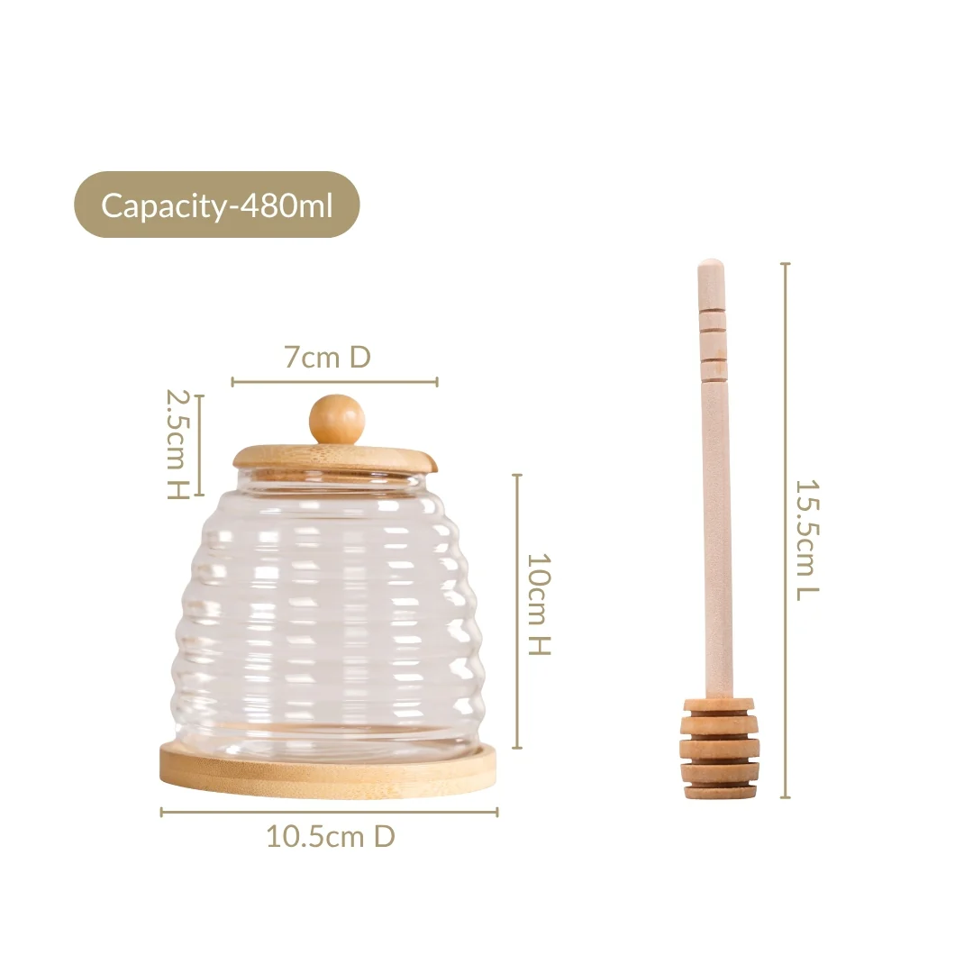 Hive Glass Honey Jar With Wooden Dipper Lid And Tray 480ml - Image 3