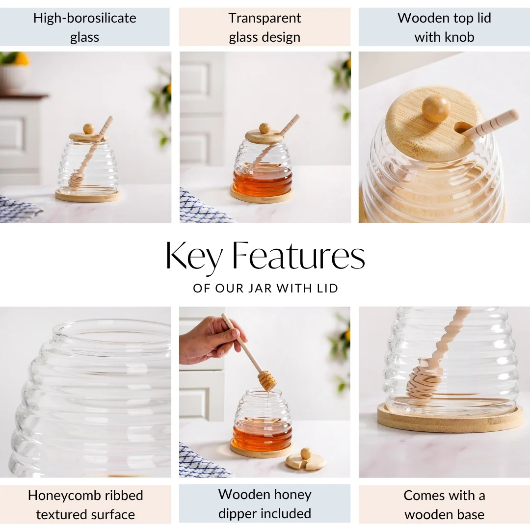 Hive Glass Honey Jar With Wooden Dipper Lid And Tray 480ml - Image 4