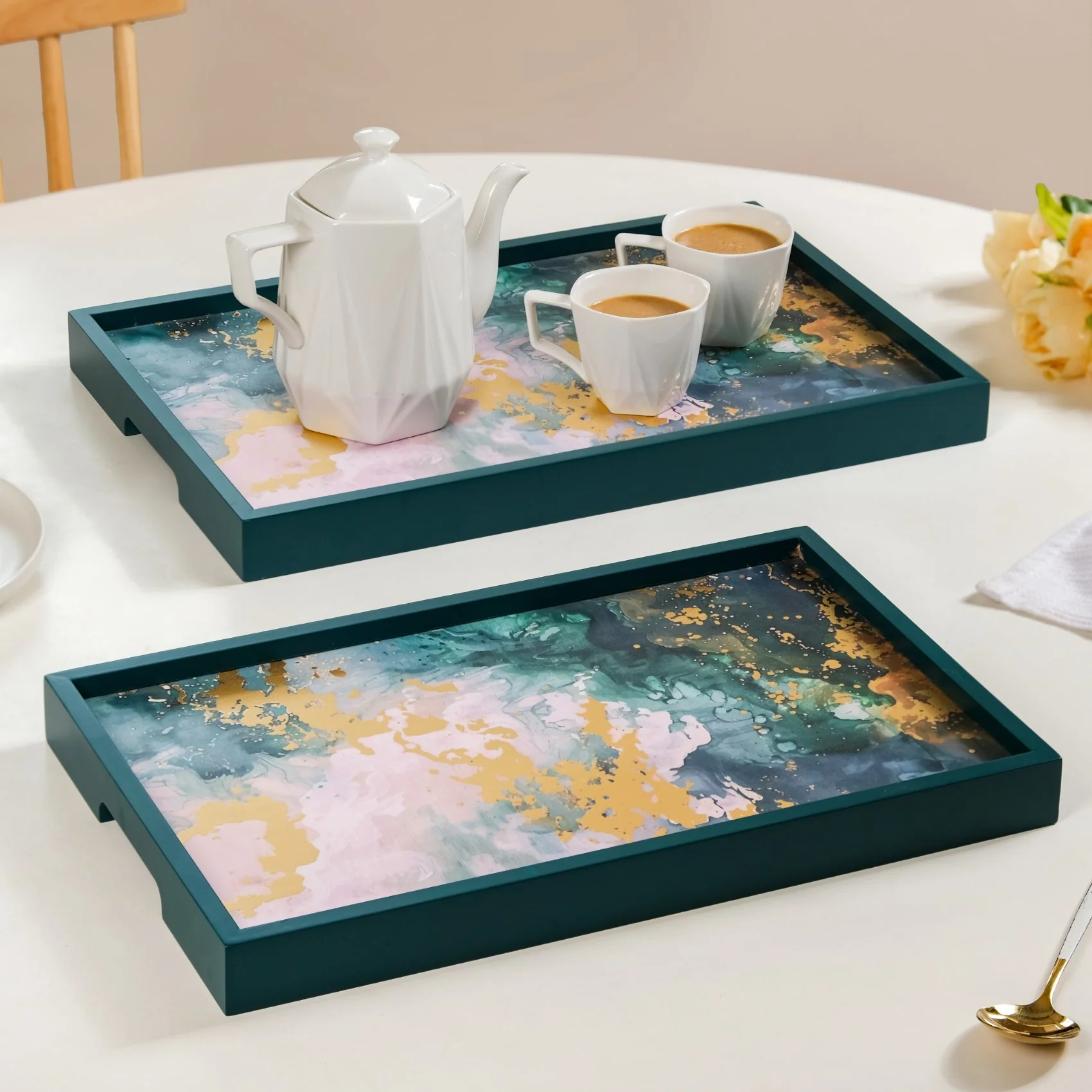 Impressionism Sky Art Tray Set Of 2 Teal Matte Gold - Image 3