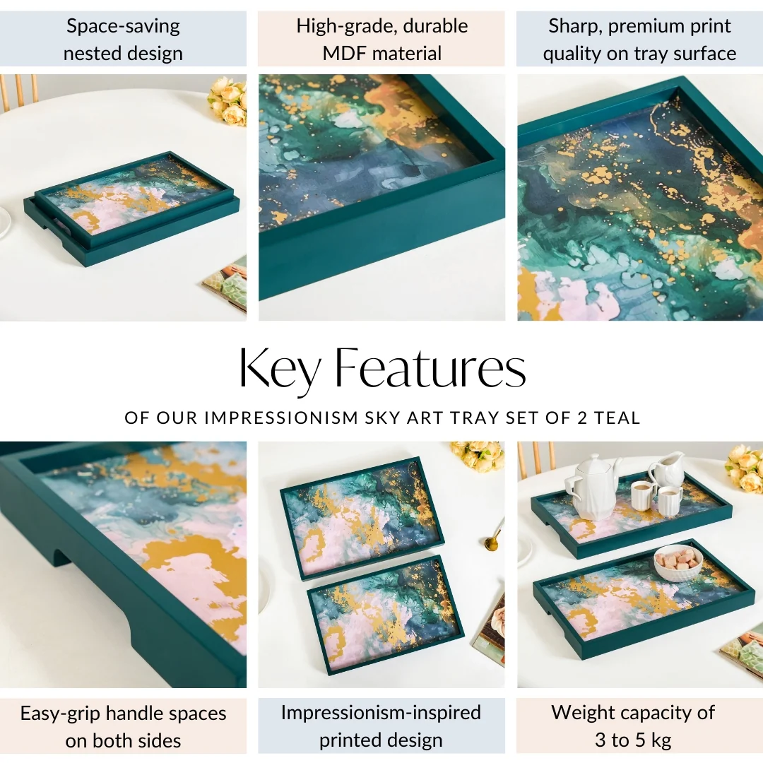 Impressionism Sky Art Tray Set Of 2 Teal Matte Gold - Image 5