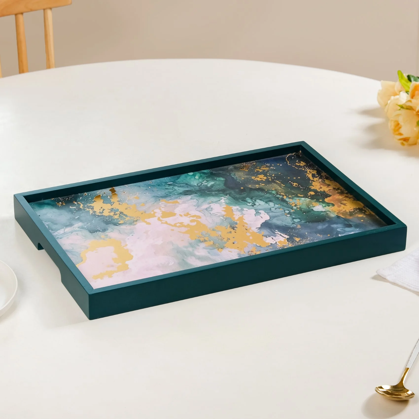 Impressionism Sky Art Tray Set Of 2 Teal Matte Gold - Image 7