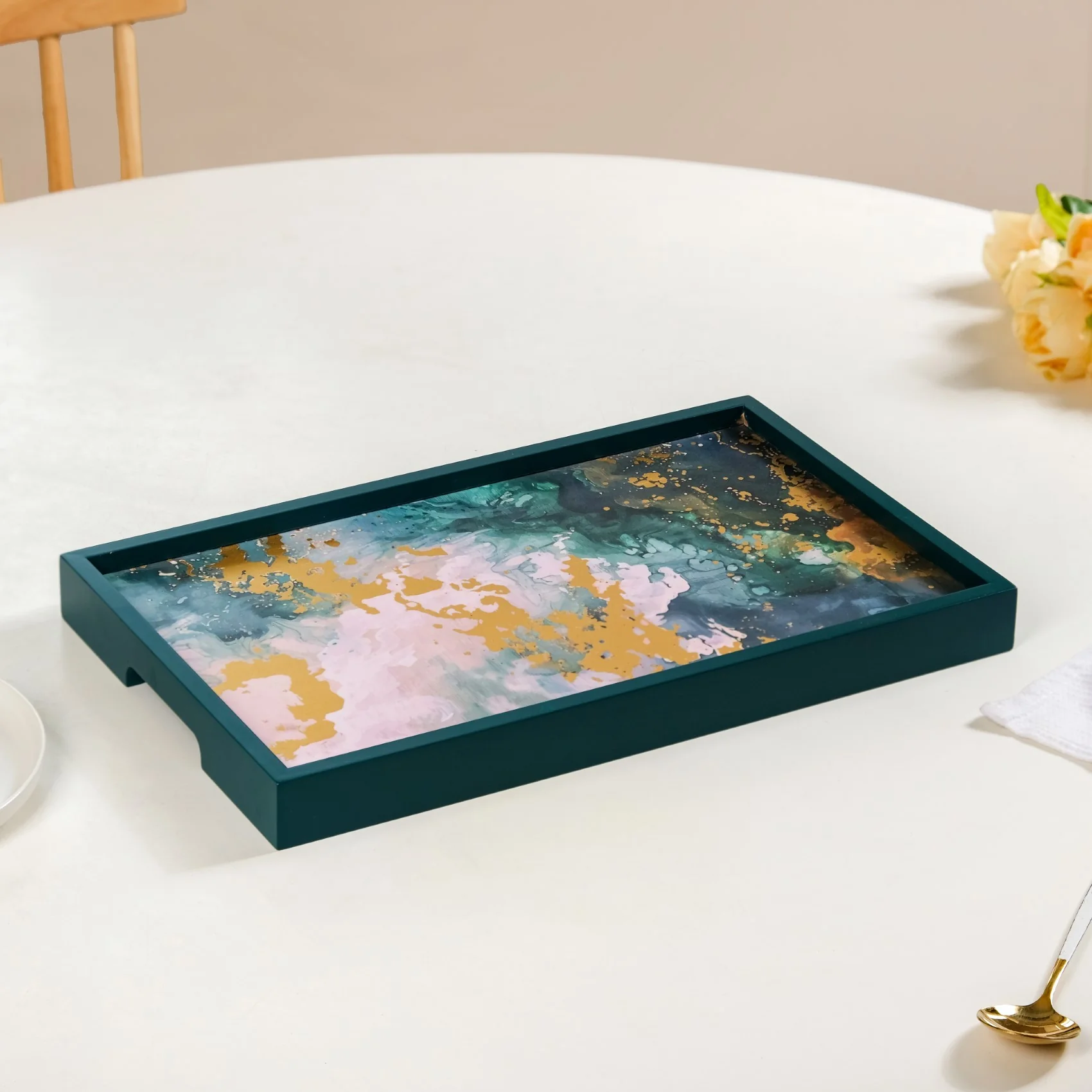 Impressionism Sky Art Tray Set Of 2 Teal Matte Gold - Image 8