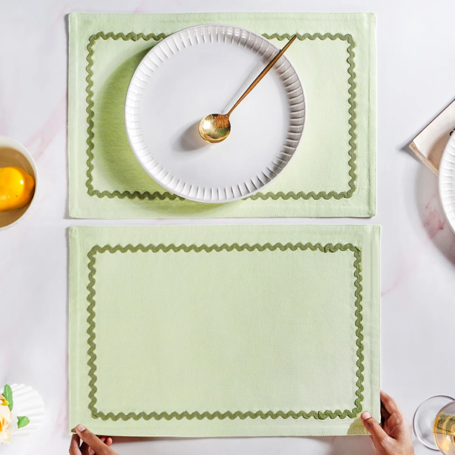 Isabelle Rick Rack Green Cotton Placemat Set Of 4 - Image 3
