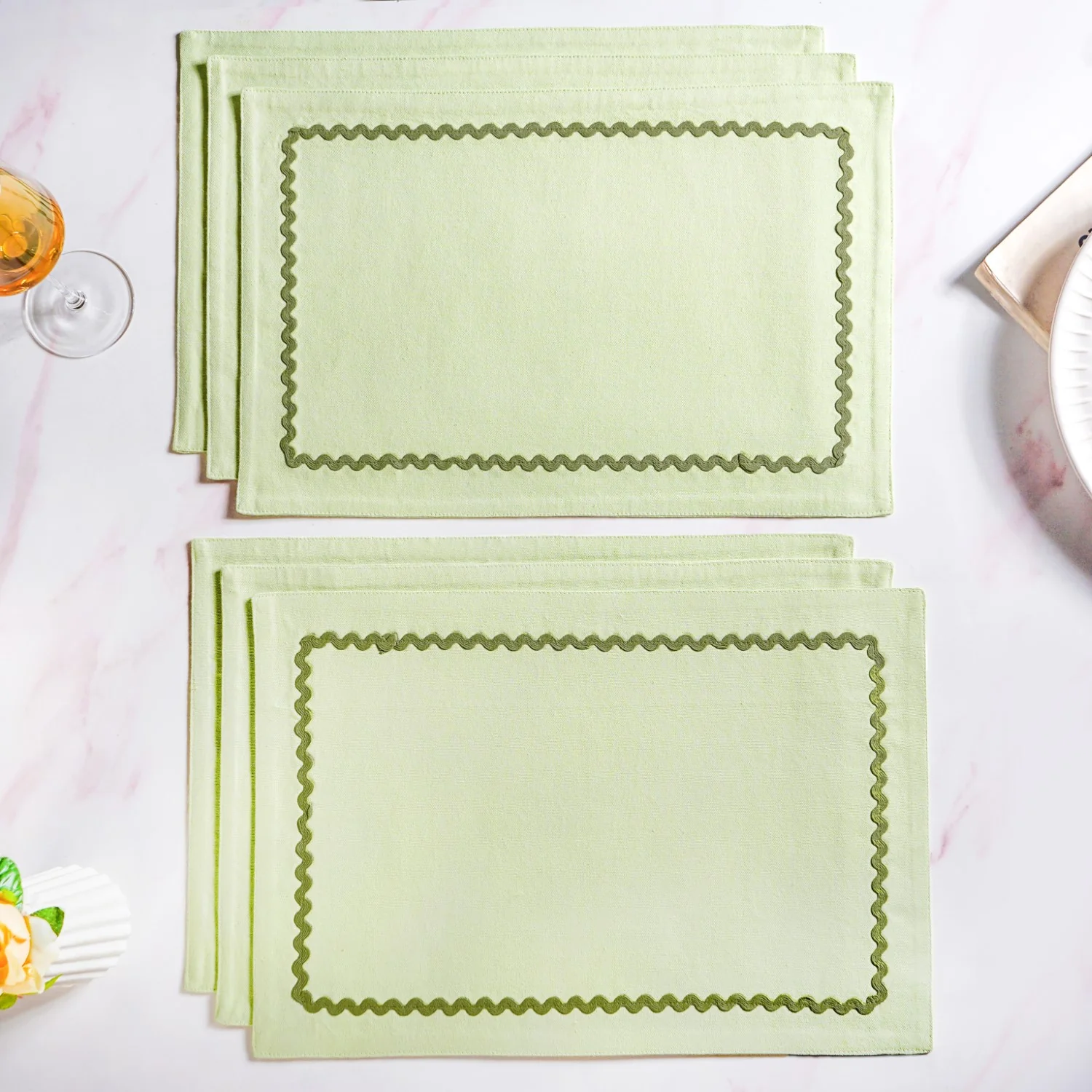 Isabelle Set Of 6 Green Table Mats With Rick Rack - Image 6