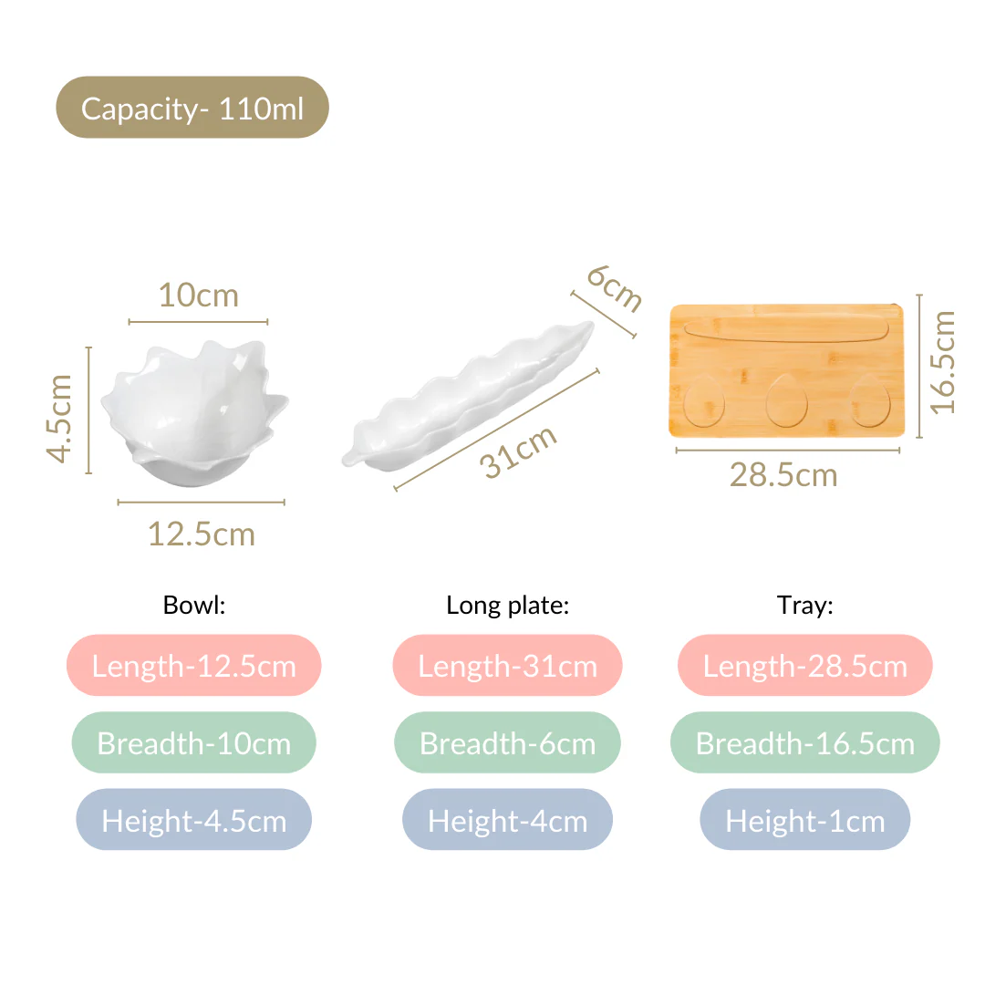 Leaf Ceramic Bowls And Long Plate Set of 4 With Tray - Image 4