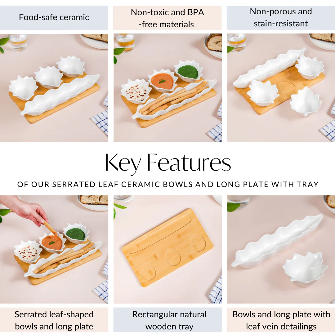 Leaf Ceramic Bowls And Long Plate Set of 4 With Tray - Image 5