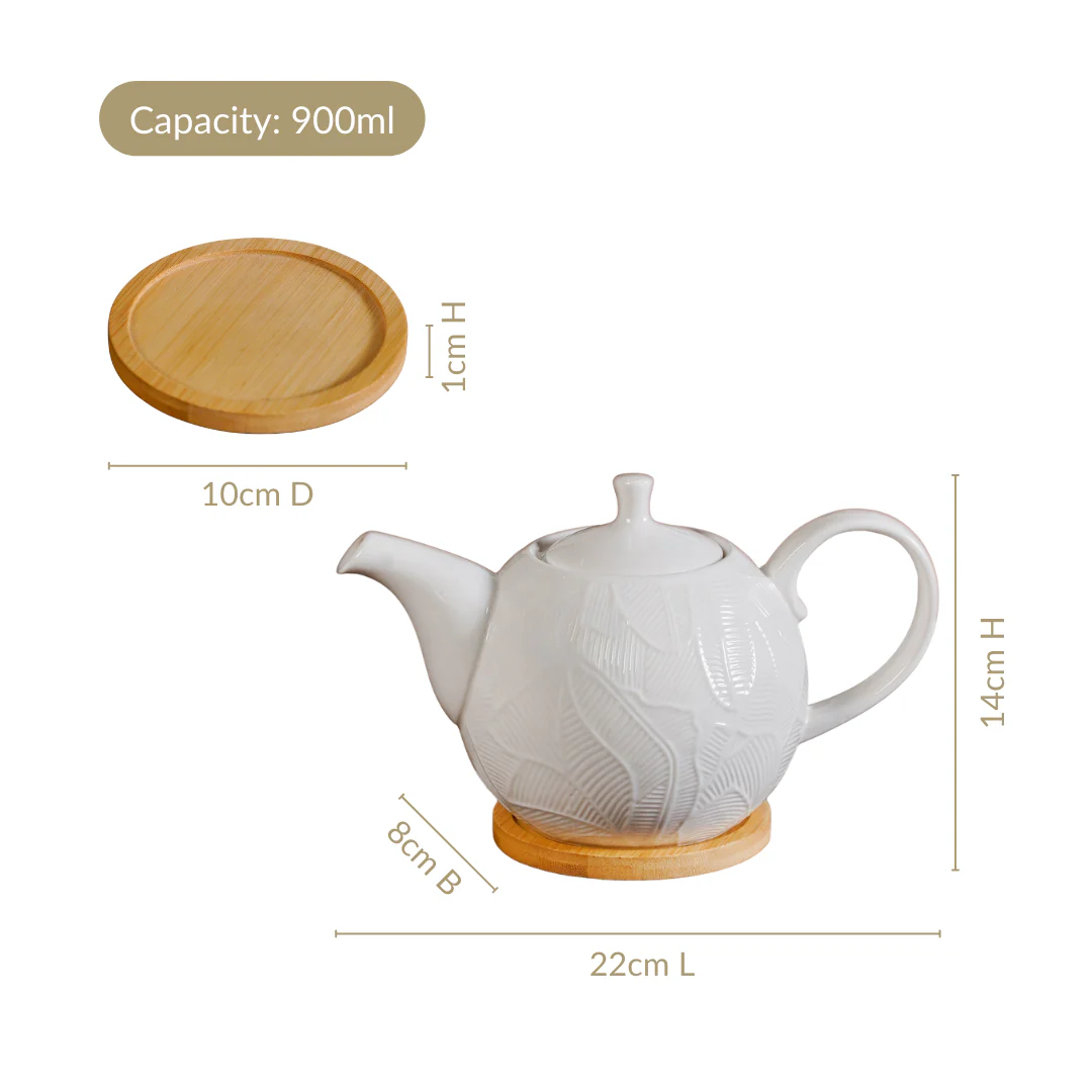 Leaf Embossed Ceramic Tea Pot With Stand 900ml - Image 3