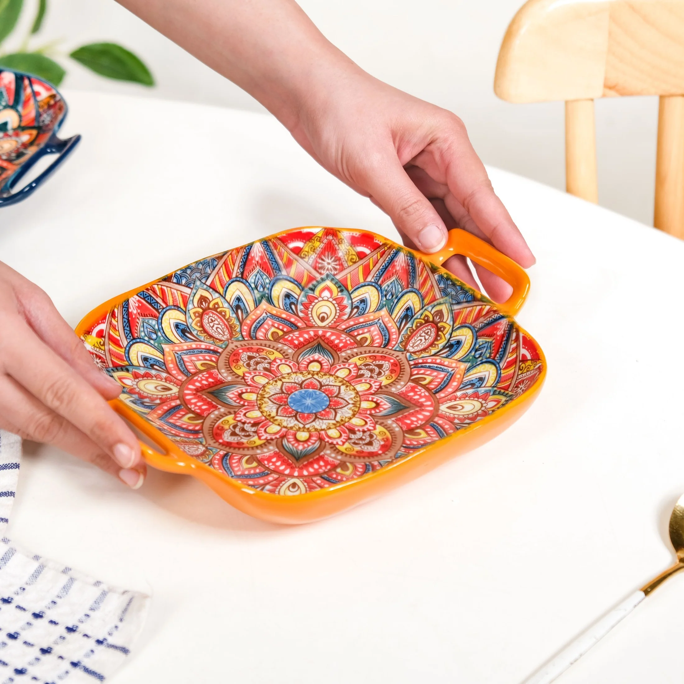 Mandala Melange Square Ceramic Serving Platter Orange - Image 3
