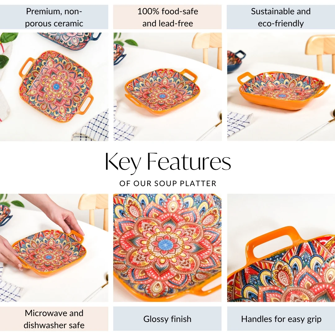 Mandala Melange Square Ceramic Serving Platter Orange - Image 5