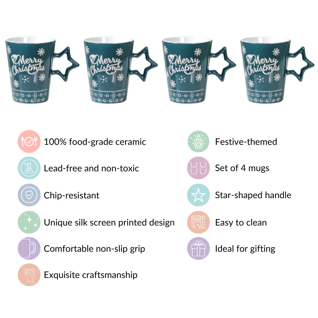 Merry Christmas Set Of 4 Cups With Star Handle Green 300ml - Image 4