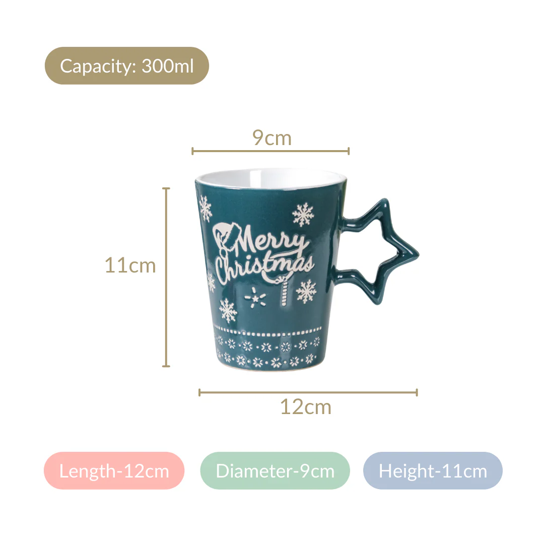 Merry Christmas Set Of 4 Cups With Star Handle Green 300ml - Image 5