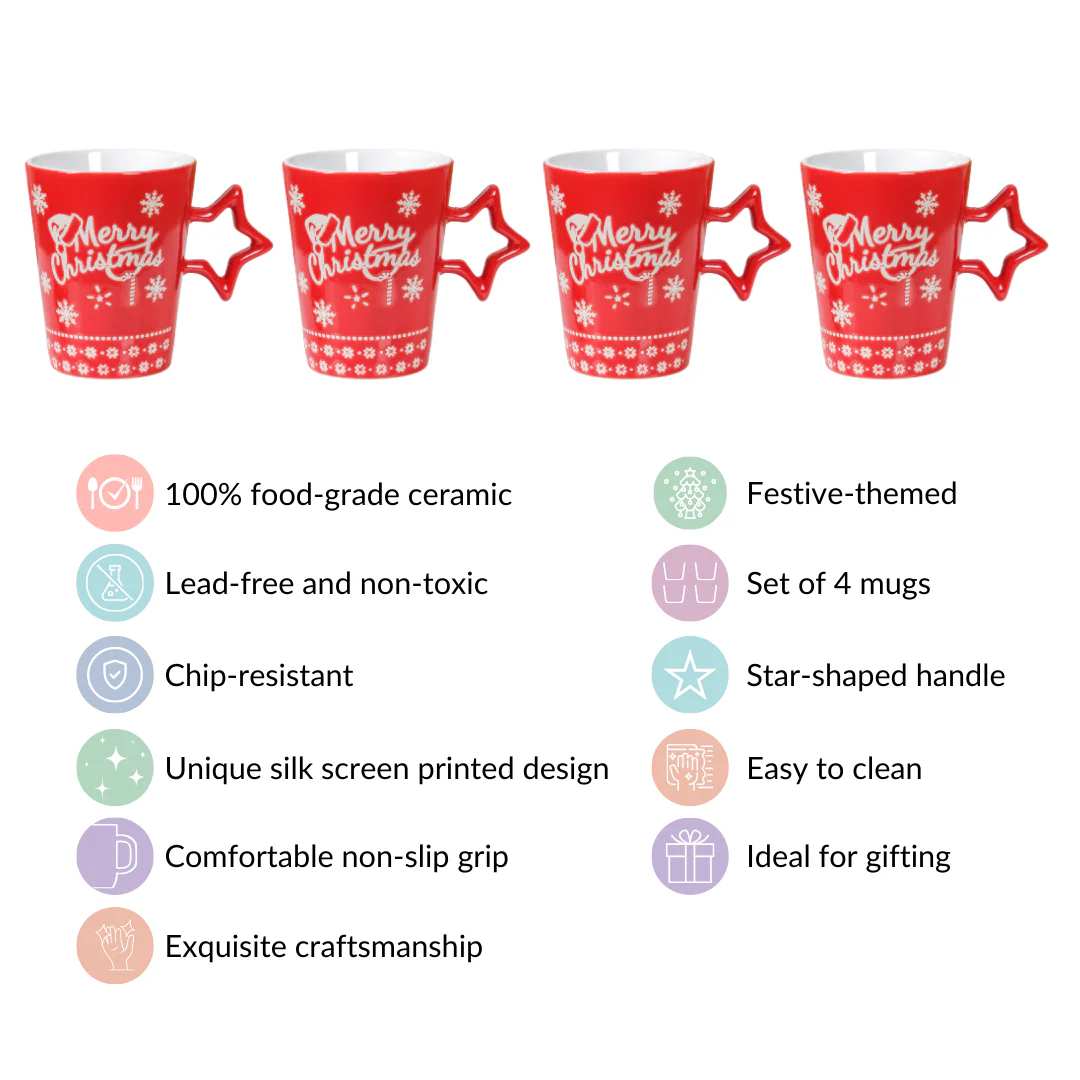 Merry Christmas Set of 4 Cups With Star Handle Red 300ml - Image 4