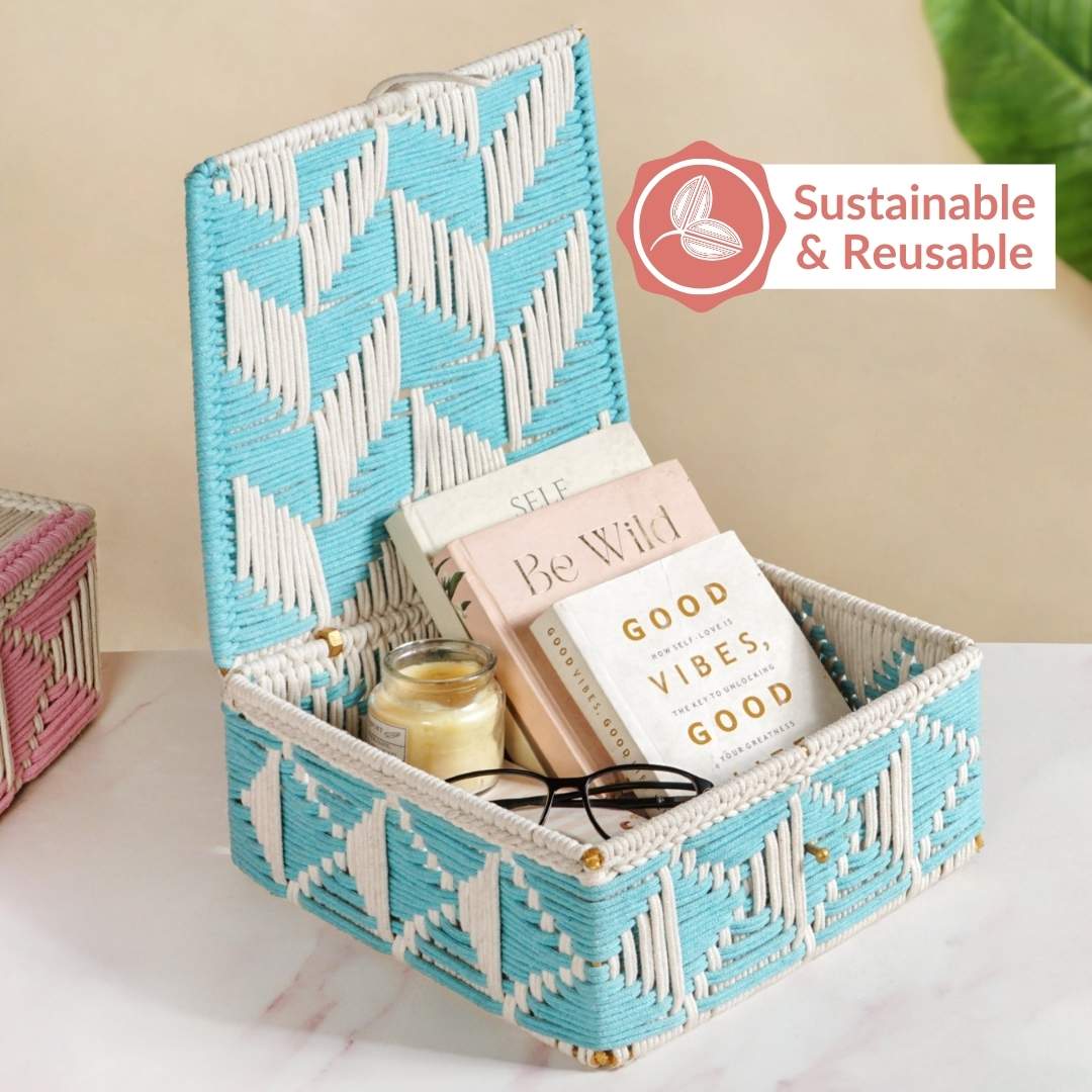 Multipurpose Handwoven Storage Basket Blue And White - Image 9