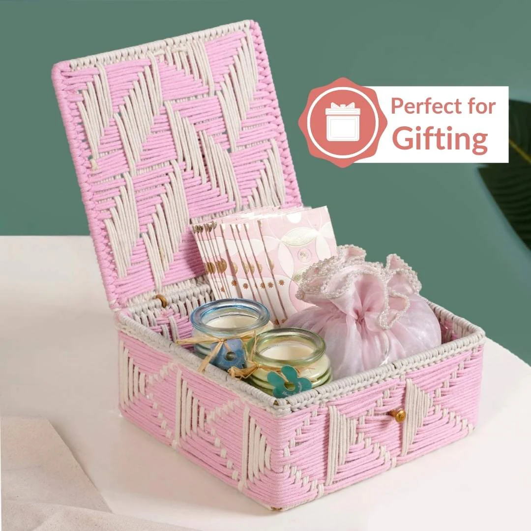 Multipurpose Handwoven Storage Basket Pink And White - Image 5