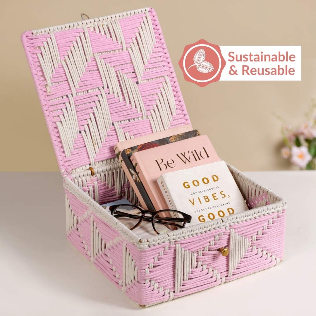 Multipurpose Handwoven Storage Basket Pink And White - Image 9