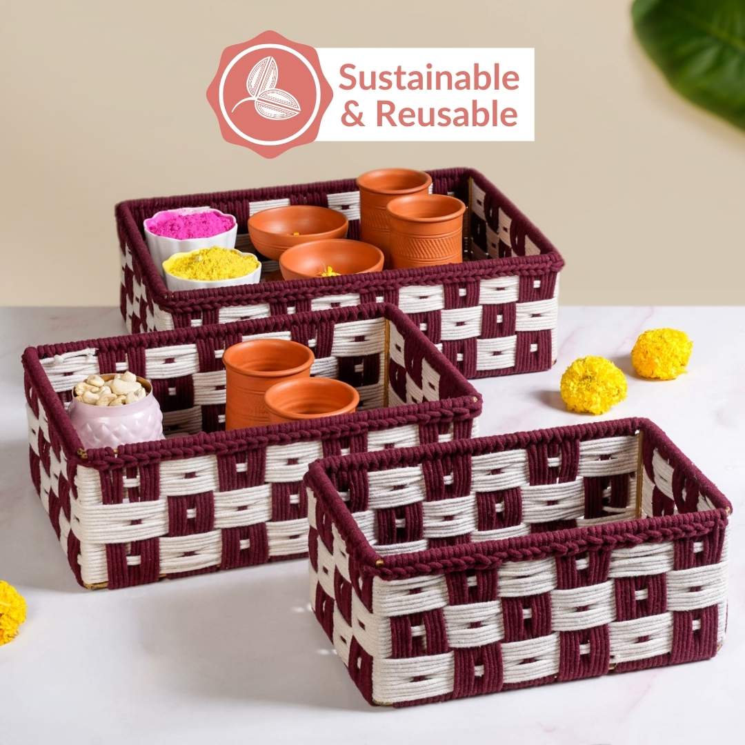 Multipurpose Storage Basket Set Of 3 Burgundy - Image 11