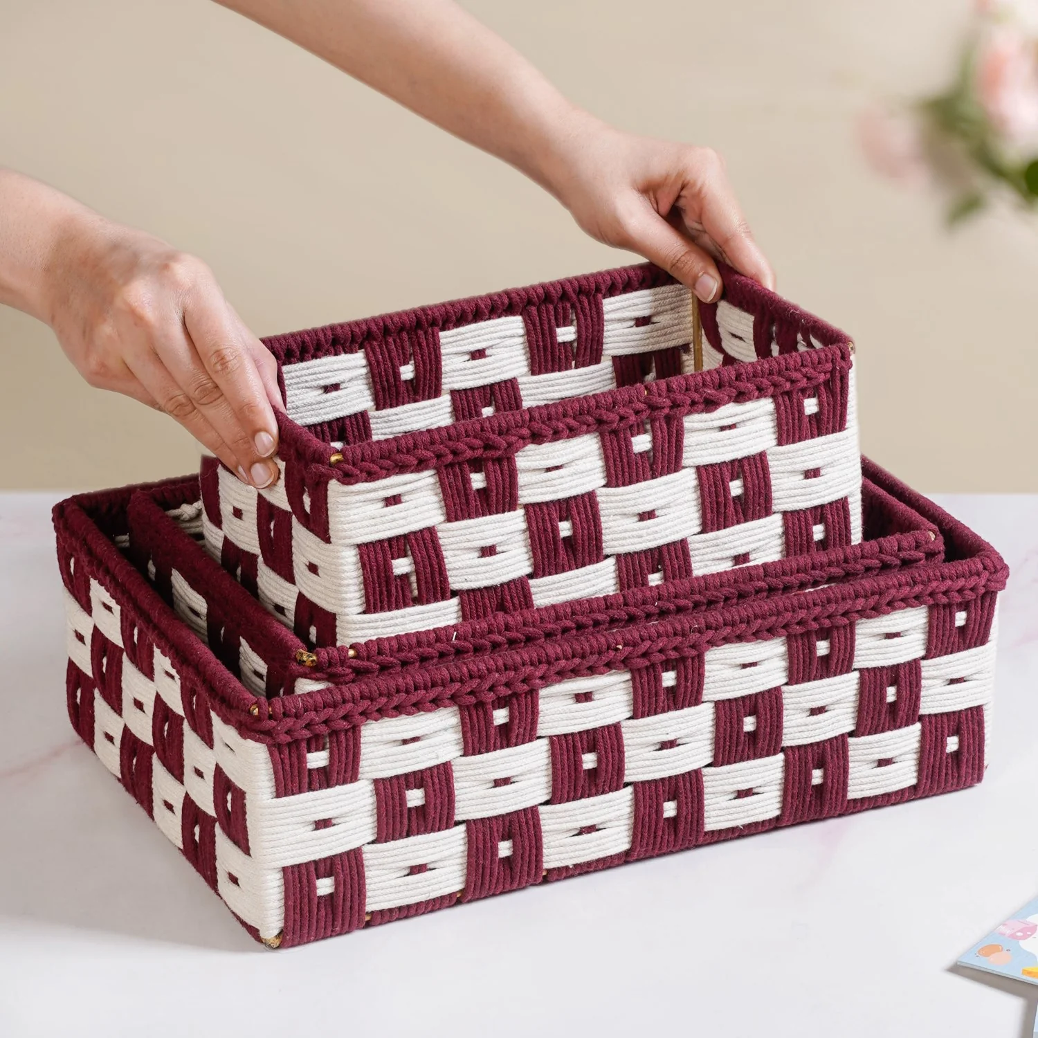 Multipurpose Storage Basket Set Of 3 Burgundy - Image 3