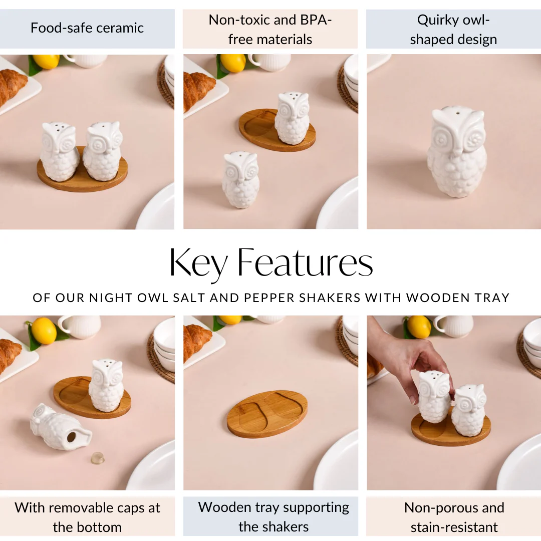 Night Owl Salt And Pepper Shakers With Wooden Tray - Image 5