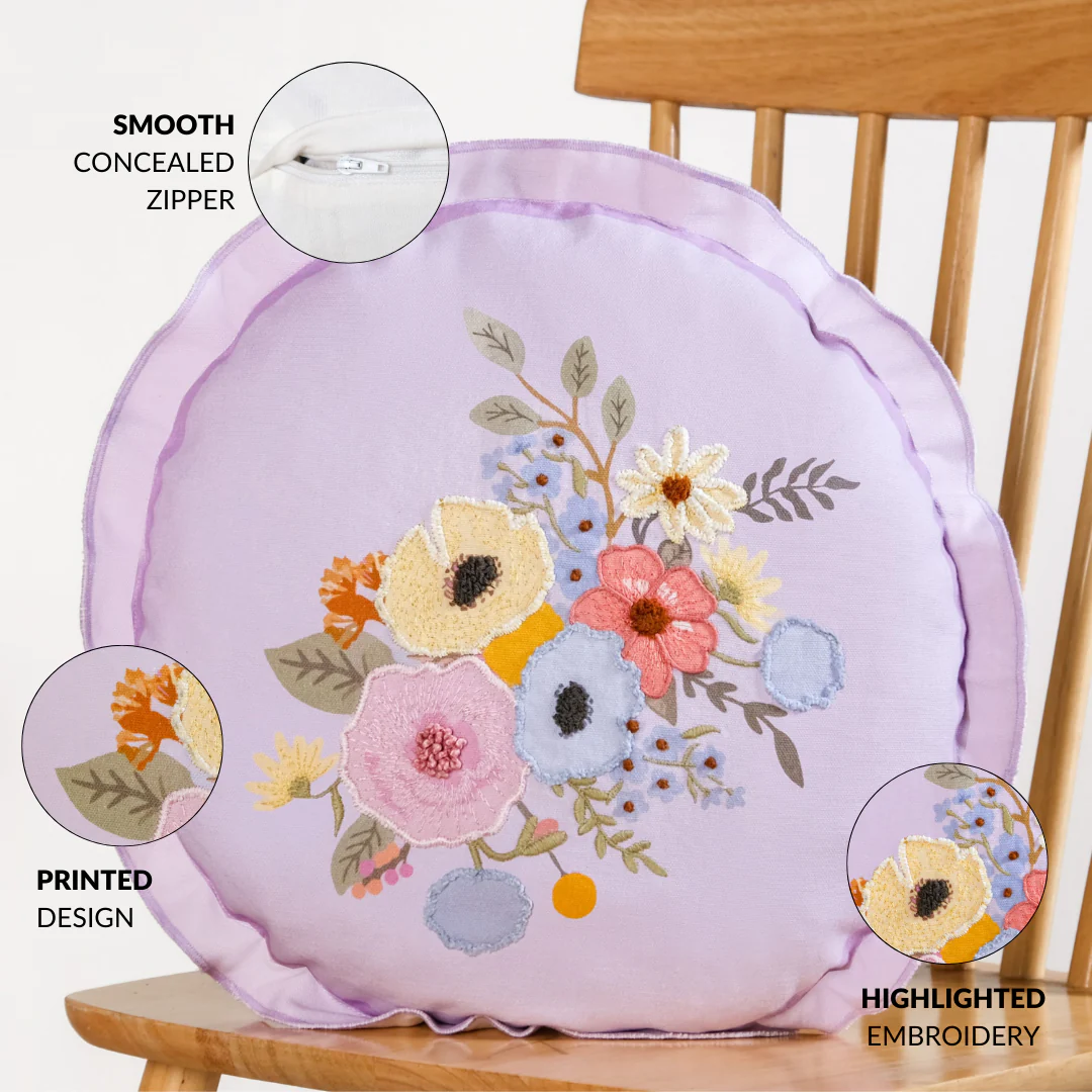 Pastel Petals Embroidered Cotton Cushion Cover 45cm - Image 4