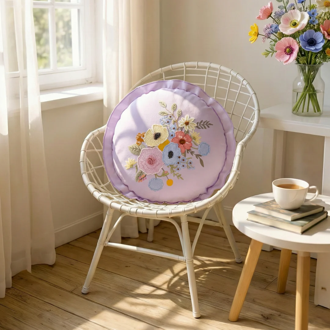 Pastel Petals Embroidered Cotton Cushion Cover 45cm - Image 6