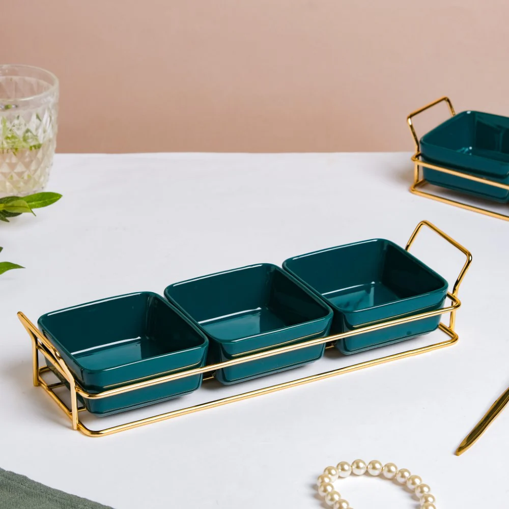 Pine Green Glossy Ceramic Bowls And Tray Set Of 4 200ml - Image 3