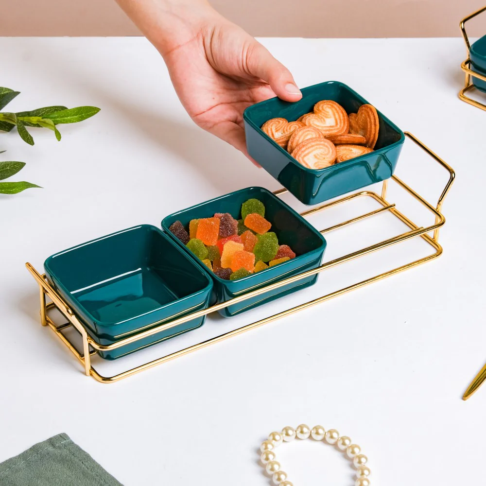 Pine Green Glossy Ceramic Bowls And Tray Set Of 4 200ml - Image 4