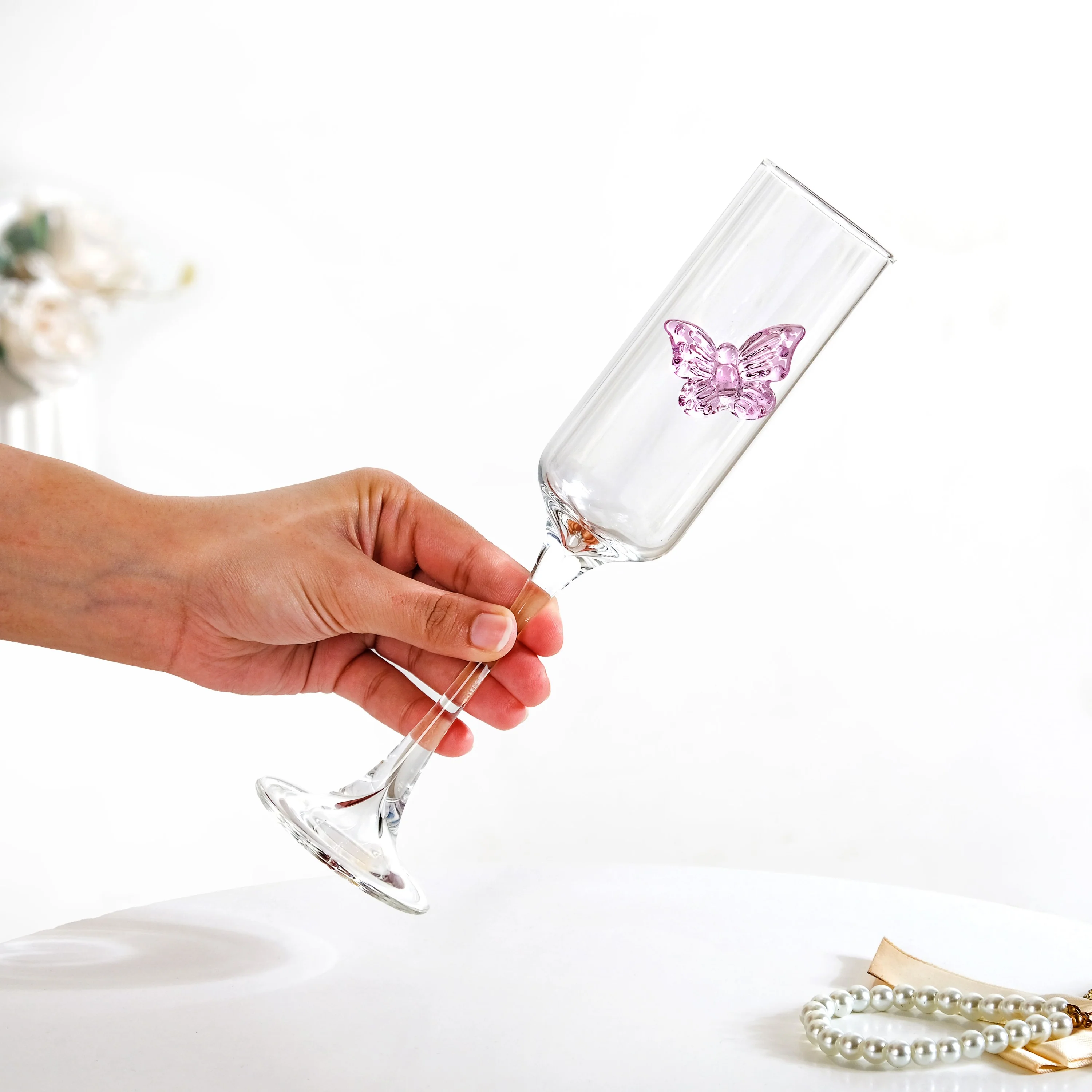 Pink Butterfly Champagne Flute Glass 200ml - Image 4