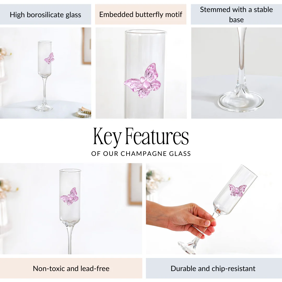 Pink Butterfly Champagne Flute Glass 200ml - Image 6