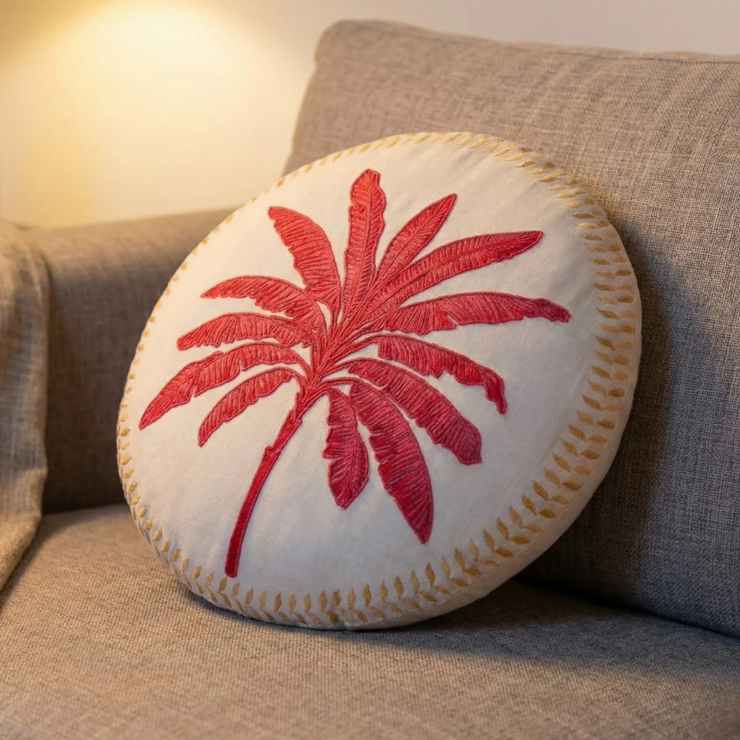 Pink Palm Embroidered Cotton Cushion Cover 45cm - Image 6