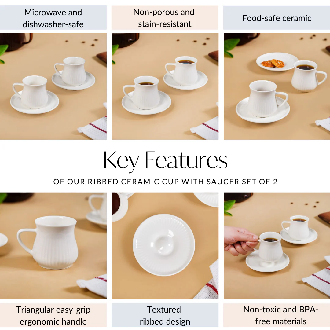 Ribbed Ceramic Cup With Saucer Set Of 2 100ml - Image 5