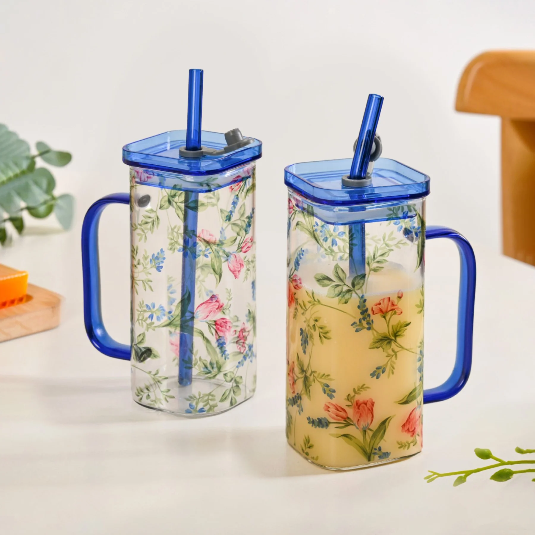 Set Of 2 Blue Floral Leakproof Travel Glass Sipper Cup With Straw 365ml - Image 10