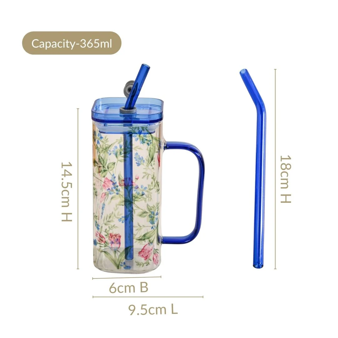 Set Of 2 Blue Floral Leakproof Travel Glass Sipper Cup With Straw 365ml - Image 3