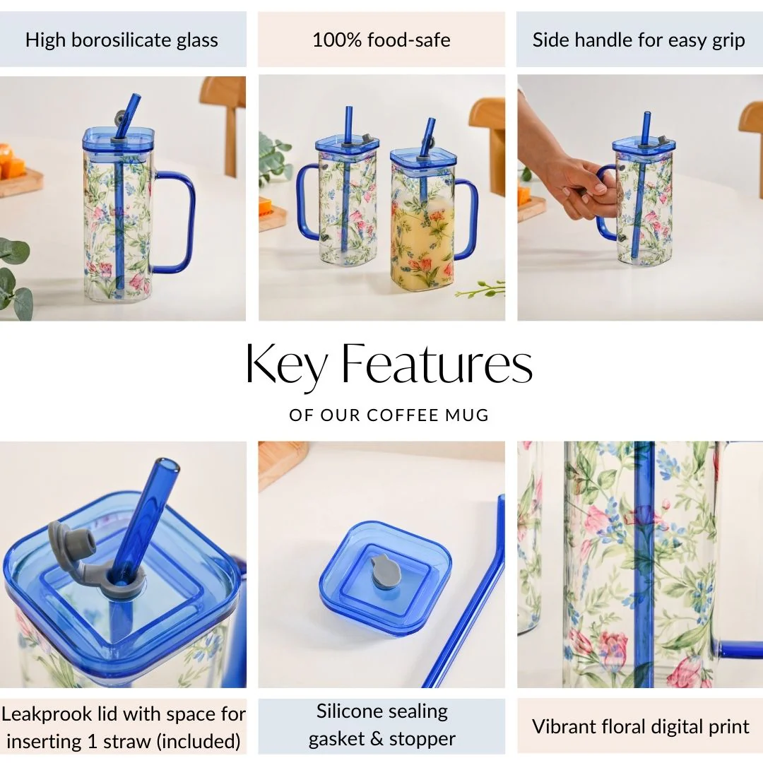 Set Of 2 Blue Floral Leakproof Travel Glass Sipper Cup With Straw 365ml - Image 4