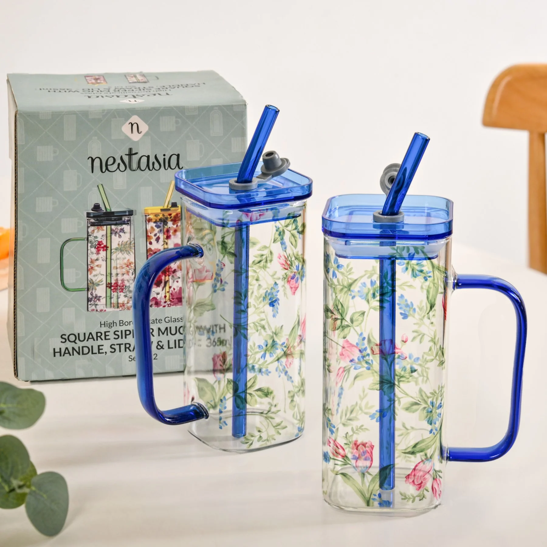 Set Of 2 Blue Floral Leakproof Travel Glass Sipper Cup With Straw 365ml - Image 7