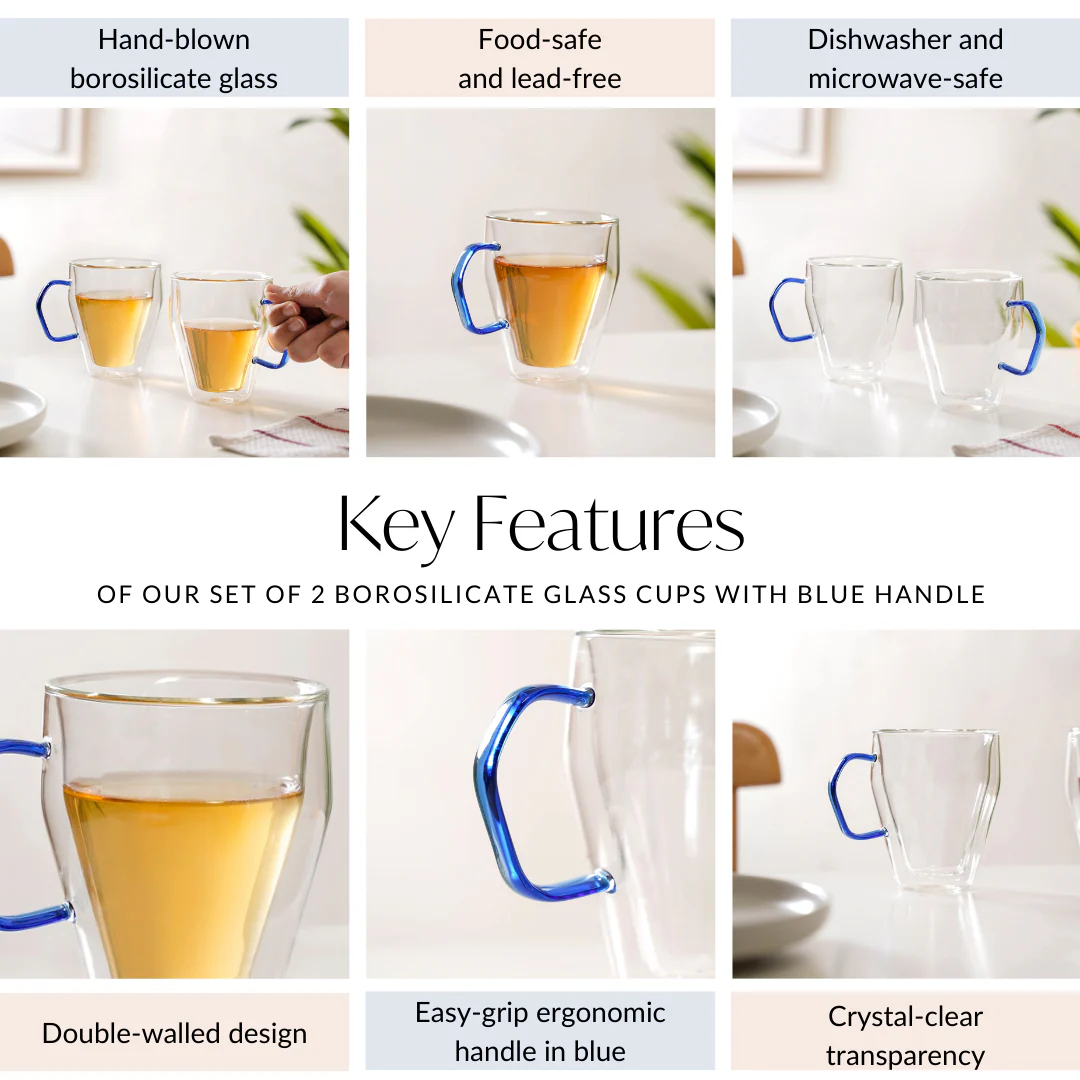 Set Of 2 Borosilicate Glass Cups With Blue Handle 250ml - Image 5