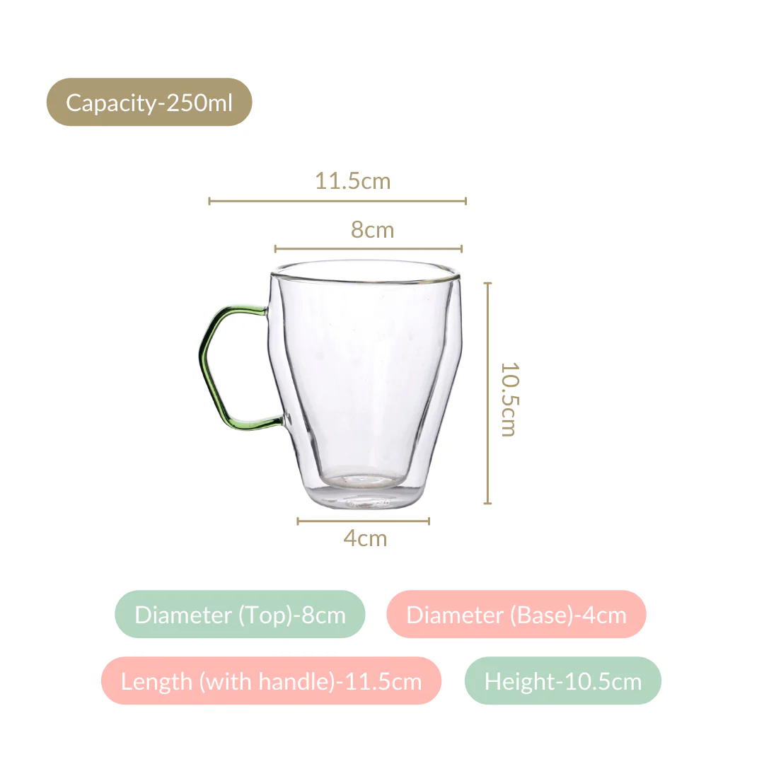 Set Of 2 Double Wall Glass Mugs With Green Handle 250ml - Image 4