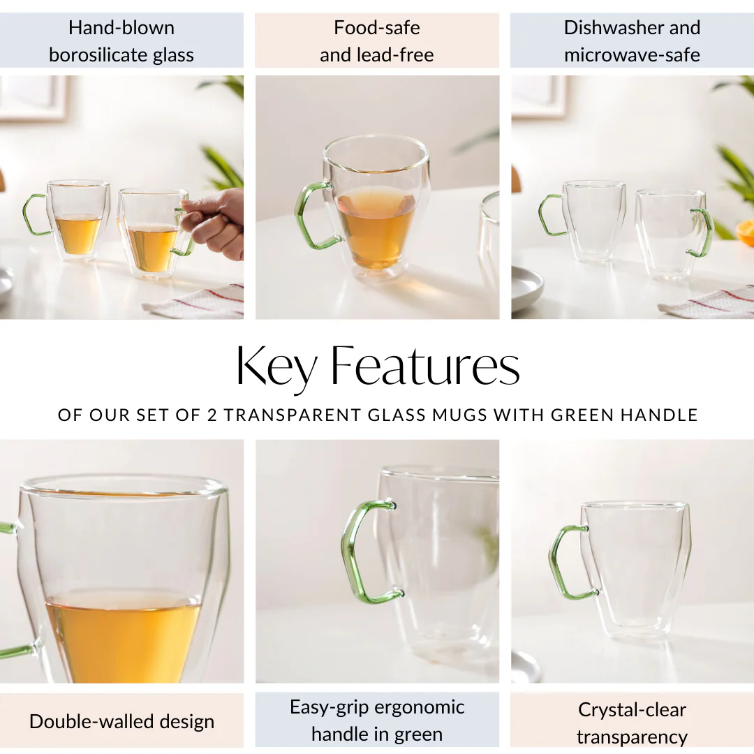 Set Of 2 Double Wall Glass Mugs With Green Handle 250ml - Image 5