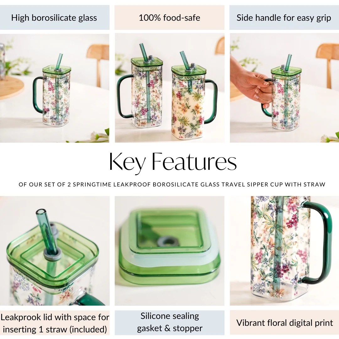 Set Of 2 Springtime Leakproof Borosilicate Glass Travel Sipper Cup With Straw 365ml - Image 5