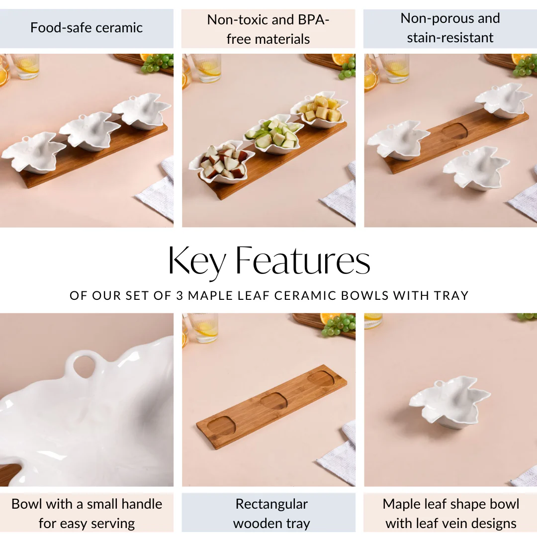 Set Of 3 Maple Leaf Ceramic Bowls With Tray 200ml - Image 5