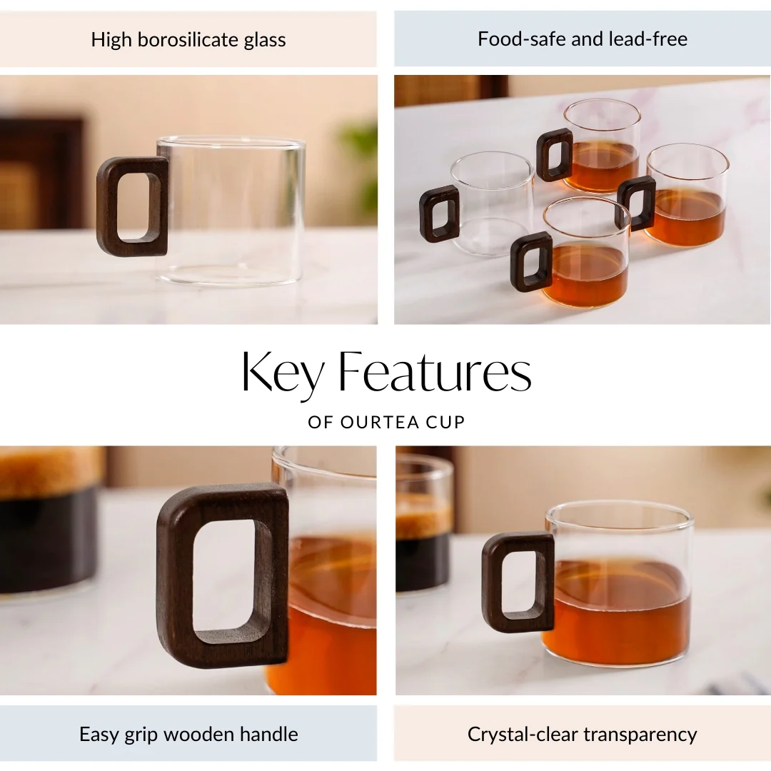 Set Of 4 Glass Tea Coffee Cups With Wooden Handle 200ml - Image 4