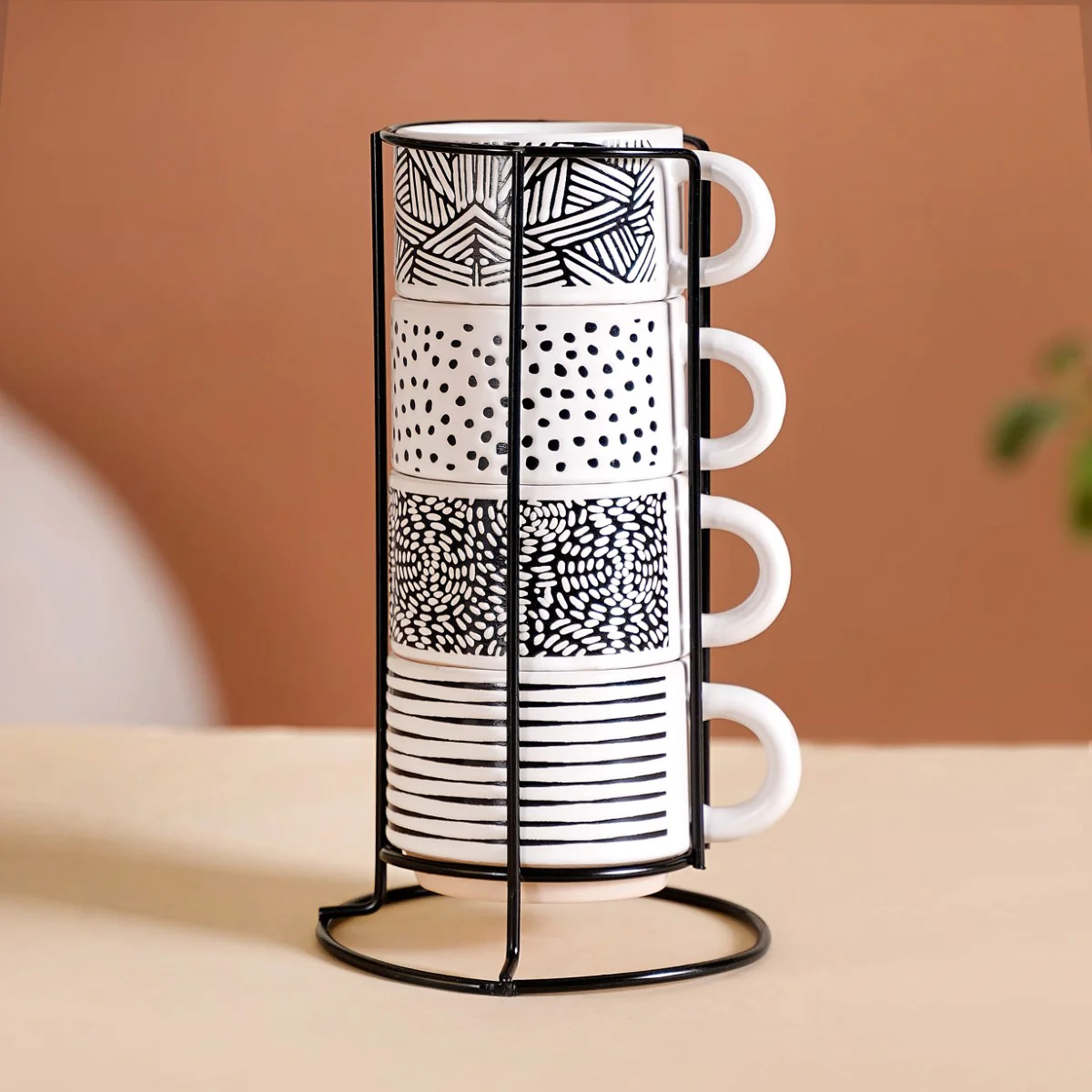 Set Of 4 Stackable Ceramic Cups With Stand Black White 180ml - Image 13