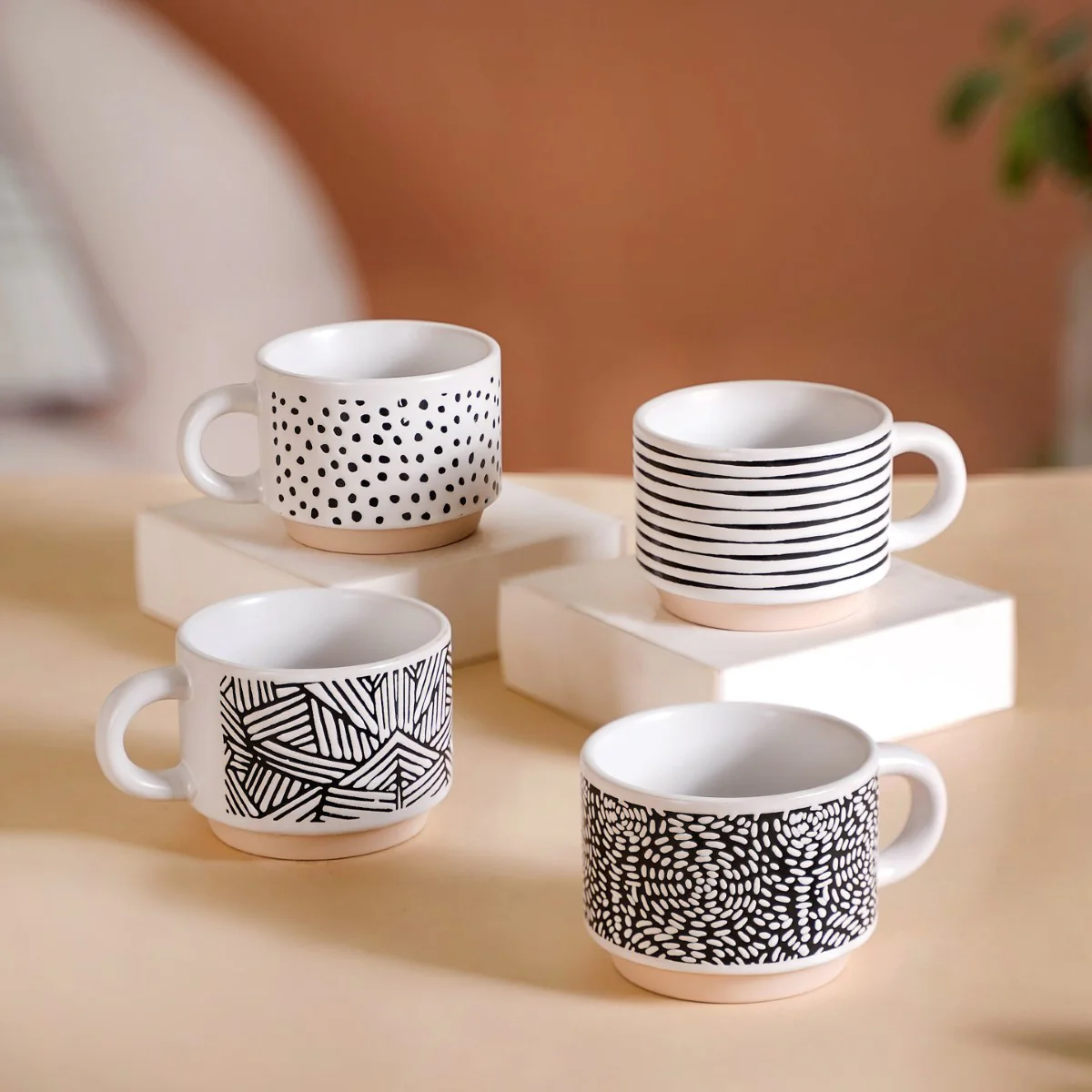 Set Of 4 Stackable Ceramic Cups With Stand Black White 180ml - Image 15