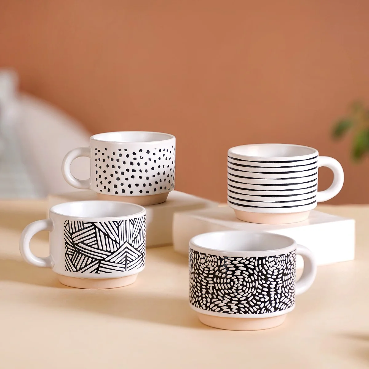 Set Of 4 Stackable Ceramic Cups With Stand Black White 180ml - Image 3