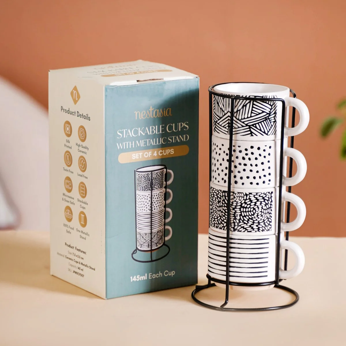 Set Of 4 Stackable Ceramic Cups With Stand Black White 180ml - Image 4