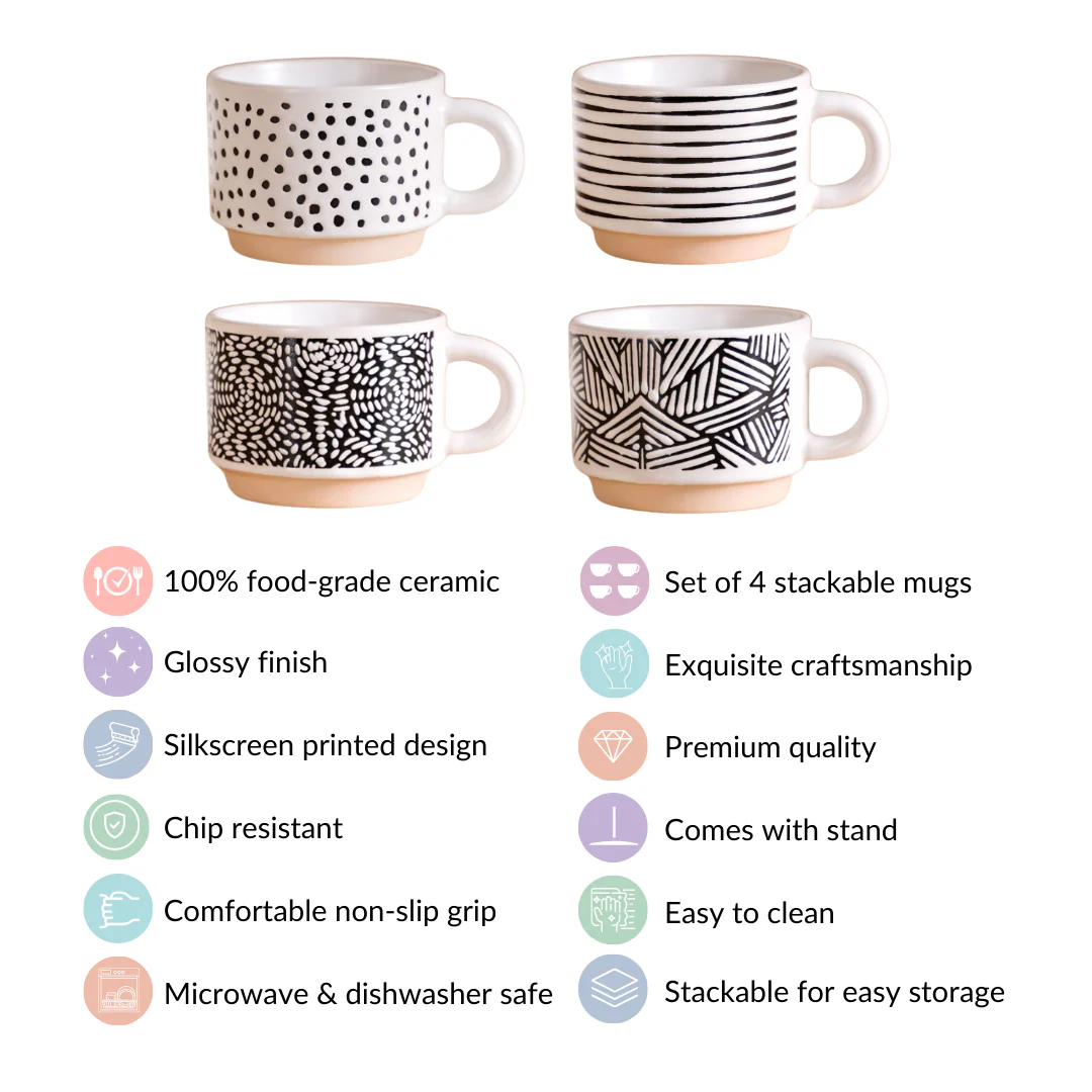 Set Of 4 Stackable Ceramic Cups With Stand Black White 180ml - Image 5