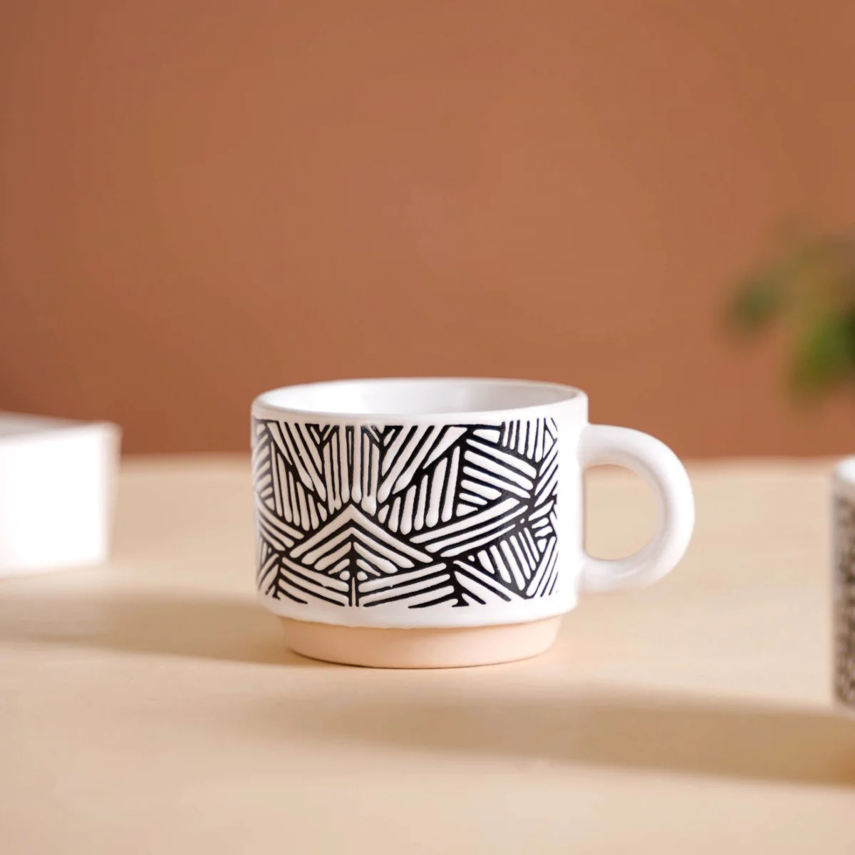 Set Of 4 Stackable Ceramic Cups With Stand Black White 180ml - Image 8