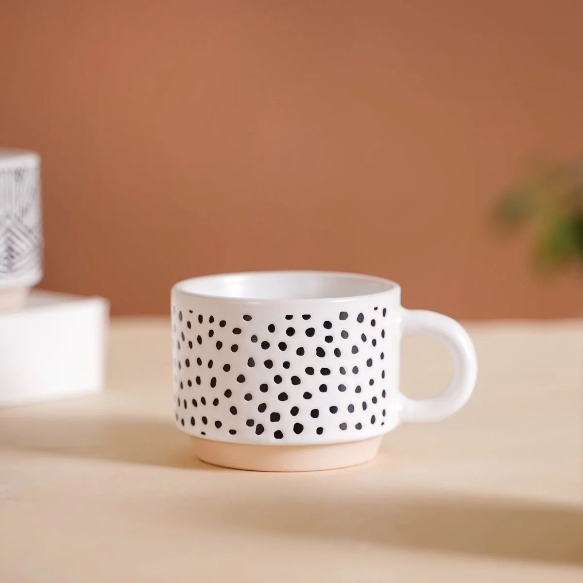 Set Of 4 Stackable Ceramic Cups With Stand Black White 180ml - Image 9