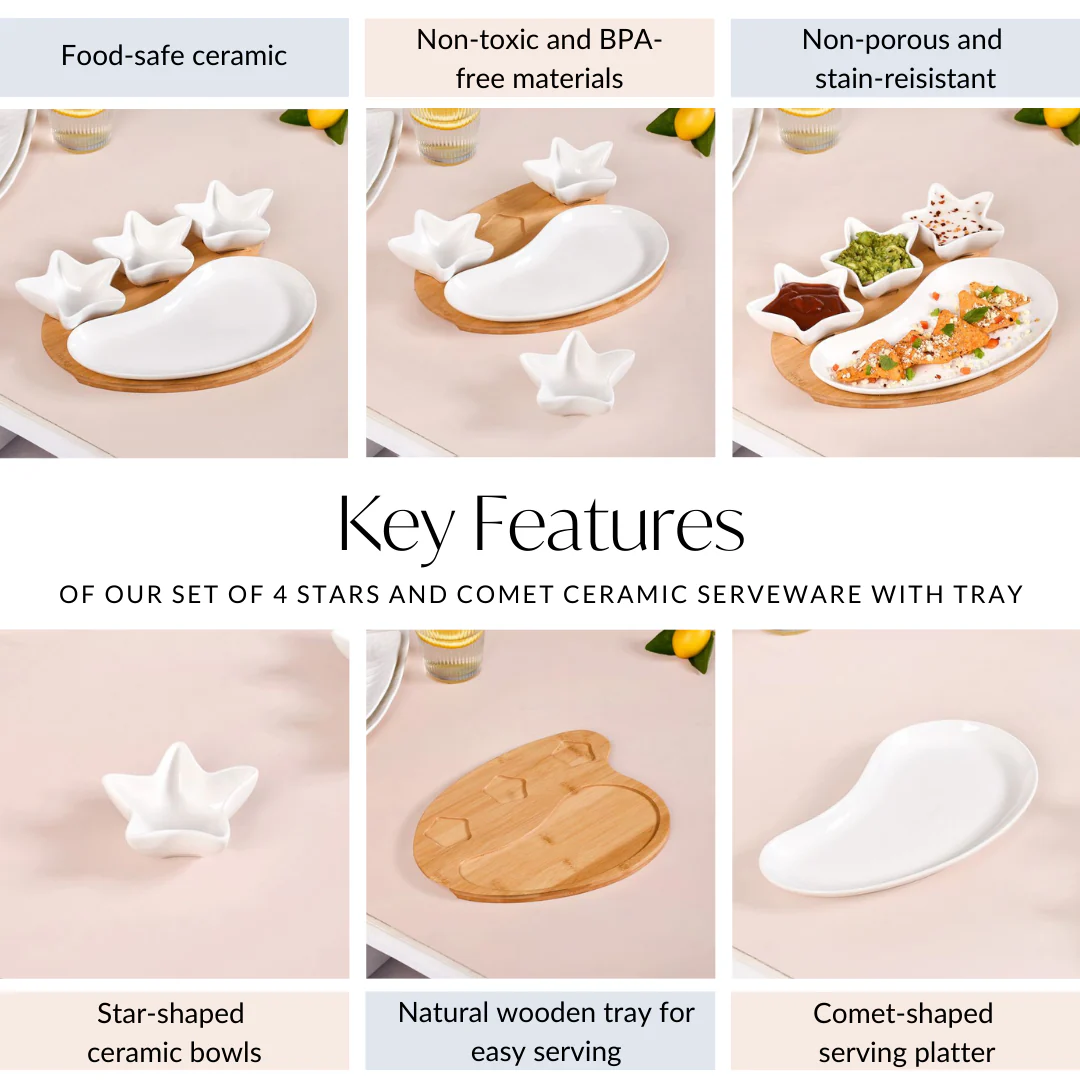 Set Of 4 Stars And Comet Ceramic Serveware With Tray - Image 5